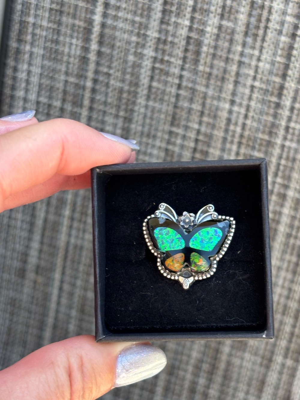 Sterling Silver Butterfly Opal Inlay Ring - Size 6.5-6.75